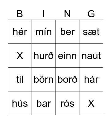 Íslenskir sérhljóðar Bingo Card