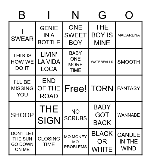 90s MUSIC BINGO Card