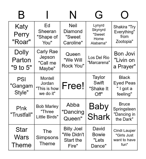 Music Bingo Card