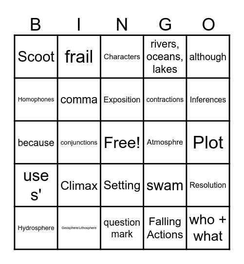 ELA Review/Science Bingo Card