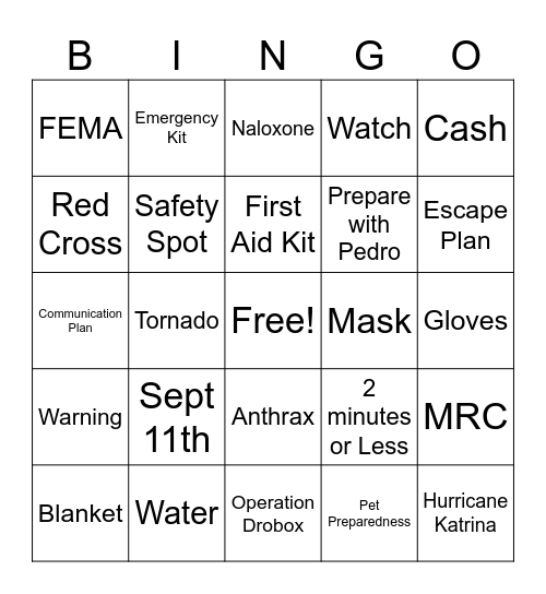 Emergency Preparedness BINGO Card