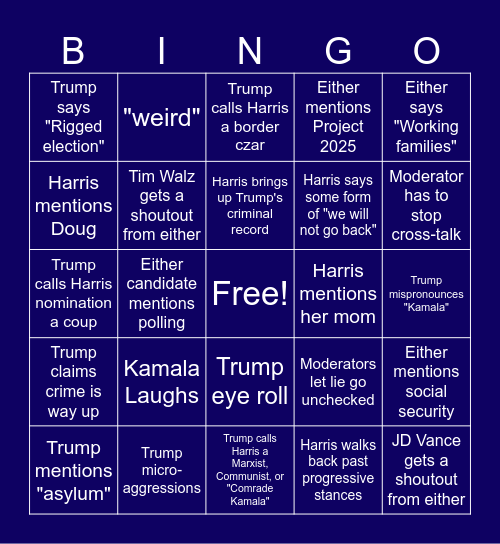 The Copper Courier's Presidential Debate Bingo Card