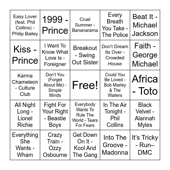 80's Baby Bingo Card