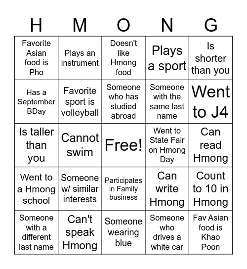 Hmong Bingo Card