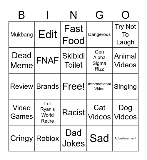 Youtube Shorts Bingo Card