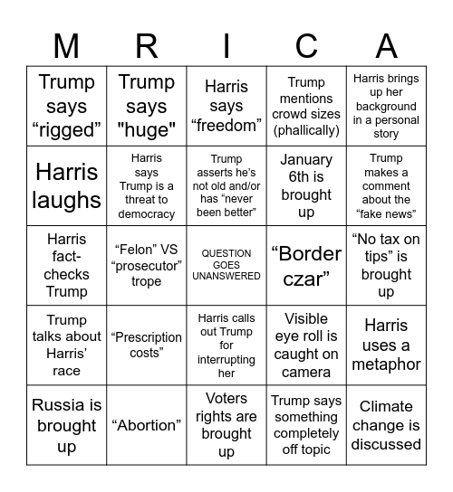 Harris-Trump Debate Bingo Card