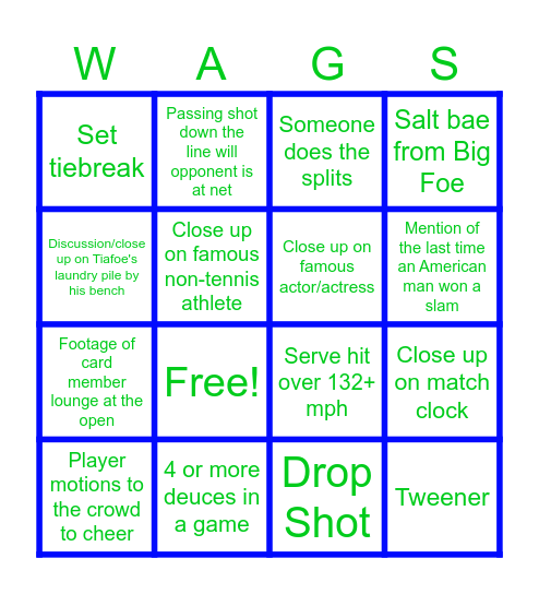 US Open All American Semi Final Bingo Card