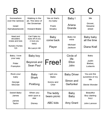 Baby shower music bingo Card