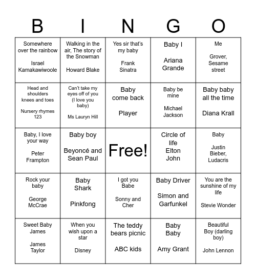 Baby shower music bingo Card