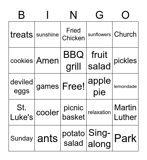 Old Fashion Church Picnic Bingo Card