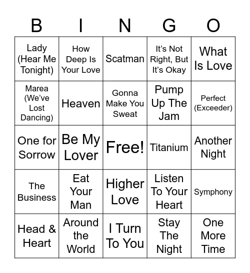 Dance Club Hits Bingo Card