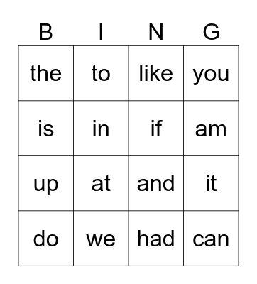 Sight Words Bingo Card