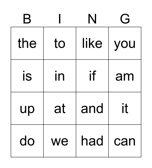 Sight Words Bingo Card
