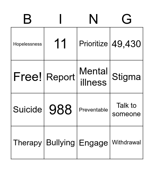 Suicide Prevention Bingo Card