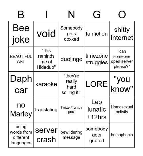 Beehive 311 Server Bingo Card