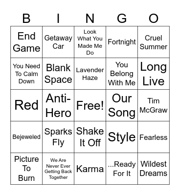 Taylor Swift Eras Bingo Card