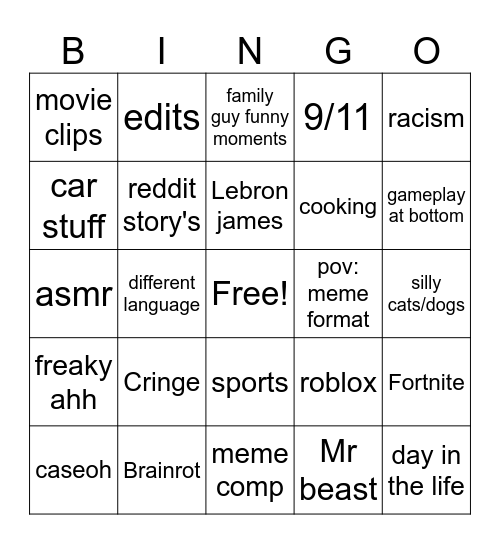 Youtube shorts bingo Card