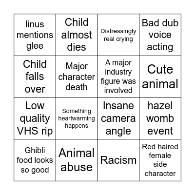 World Masterpiece Theater Bingo Card