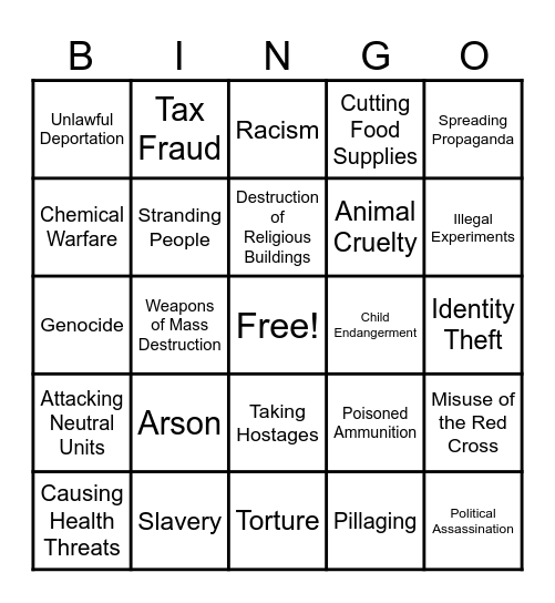 War Crime Bingo Card