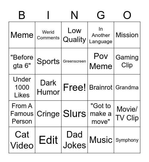 Instagram Reel Bingo Card