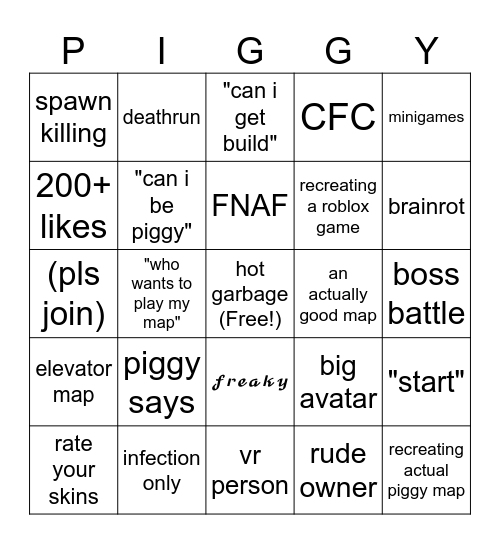 piggy build mode bingo Card