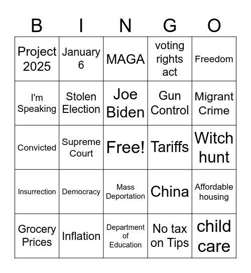 Presidential Debate Bingo Card