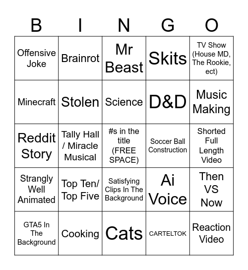 Youtube Shorts Bingo Card