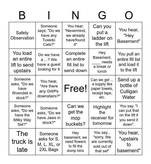 Basement Bingo Card