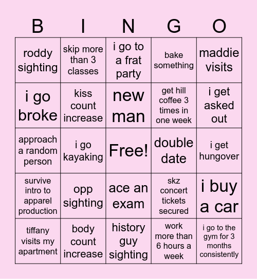 aly's fall 2024 semester Bingo Card