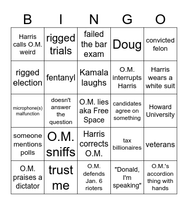 Harris v Orange Man 2024 Bingo Card