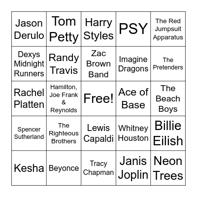 Music Bingo - Song Artists Bingo Card