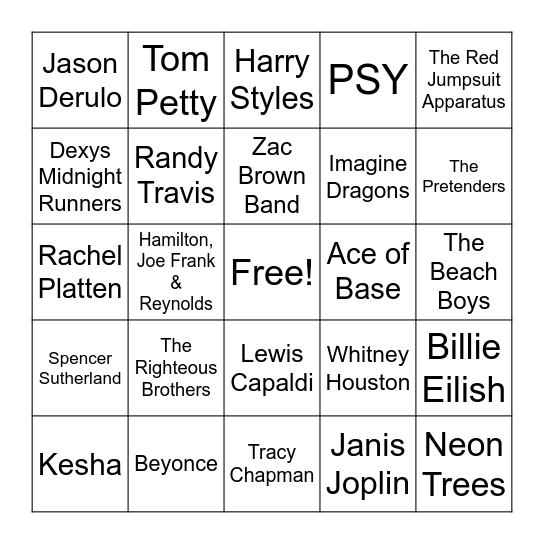 Music Bingo - Song Artists Bingo Card