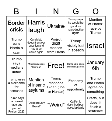 Debate Bingo Card