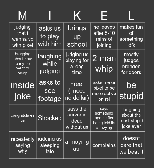 mikel Bingo Card