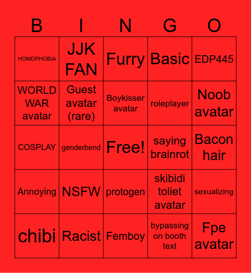 rate my avatar  Bingo Card