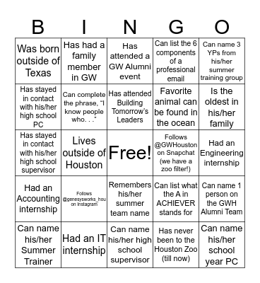 GW Alumni Picnic 2016 Bingo Card