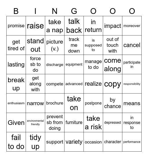 第一周单词清单 Bingo Card