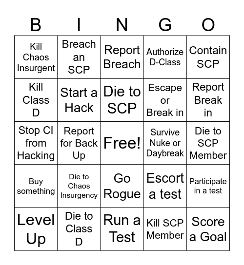 SCP RP BINGO Card