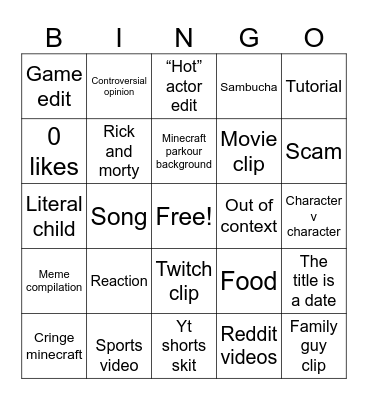 YouTube shorts Bingo Card