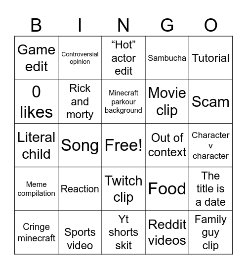 YouTube shorts Bingo Card