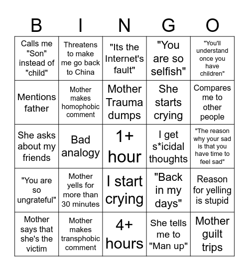 Conversation with mother Bingo Card