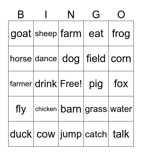 Farm Animals Bingo Card