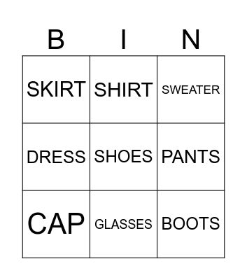 CLOTHES Bingo Card