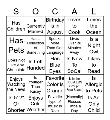 GET TO KNOW YOU BINGO!  Bingo Card