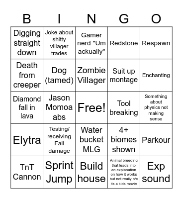 Minecraft Movie Bingo Card