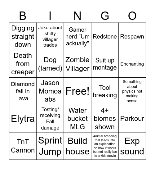 Minecraft Movie Bingo Card