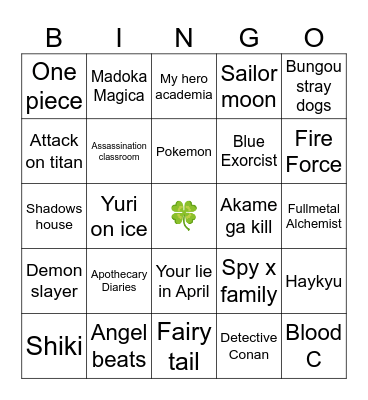 Anime 🍀 Bingo Card