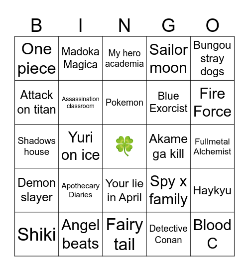 Anime 🍀 Bingo Card