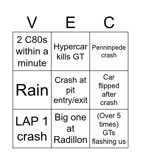 VEC Spa 8h Bingo Card Bingo Card