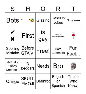 YouTube Shorts Comments Bingo Card